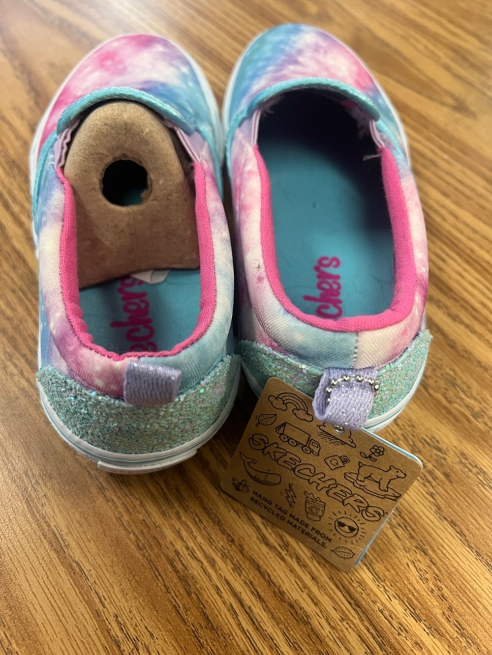 Skechers Kids Galaxy Slip-On Sneakers in Pink & Blue with Glitter Heel